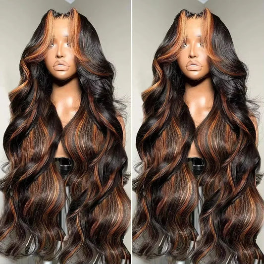 13x4 Ombre Lace Front Wig Human Hair Highlight Human Hair 220% Density 1B/30 Body Wave HD Transparent Lace Frontal Wigs