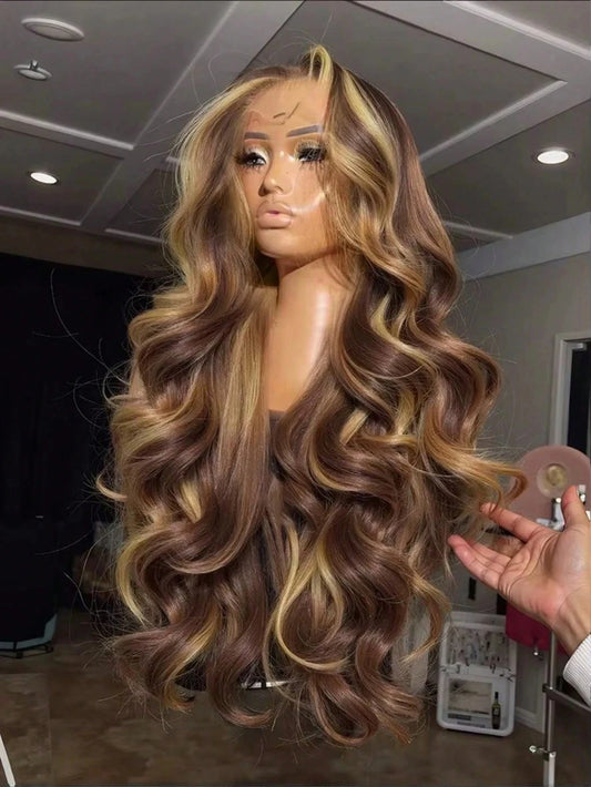 34 Inch Body Wave Honey Blonde Ombre Lace Front Wig Human Hair Wear And Go 13x4 HD Lace 4/27 Highlight 200 Density  Glueless