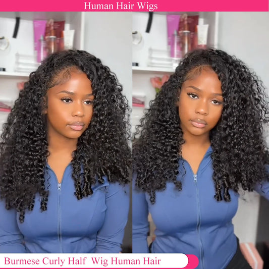 Burmese Curly Half Wig Human Hair Glueless Wig Human Hair Ready to Wear 3 IN 1 Half Wig Drawstring Burmese Curly Hair Half Wig